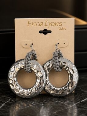 Erica Lyons Silver Hammered Circle Earrings with Gray Braided Accent